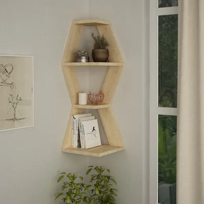 A wooden corner shelf with decorative items and books.