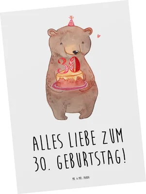 Produktbild von Mr. & Mrs. Panda Postkarte Bär Torte 30. Geburtstag - Weiß - Geschenk, Feiern, Grußkarte, Ansichtskarte, Fotokarte, bildkarte, Kuchen, Postkarten, Party