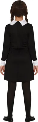 A person wearing a black dress with a white collar and cuffs, seen from the back.