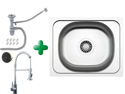 A kitchen sink and faucet set with accessories, presented on a white background.