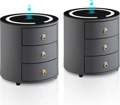 Produktbild von Clipop multifunktionaler Nachttisch 2er Set grau, mit LED-Beleuchtung und Kabelloser Ladestation, Rund, Kunstleder