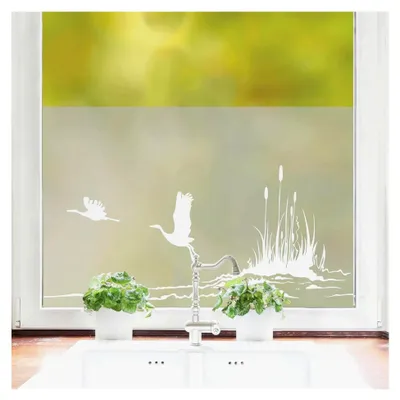 Produktbild von Sichtschutzfolie mit Schilf- und Kranichmotiv, blickdicht, Milchglasfolie, Fensterdekoration, selbstklebende Folie