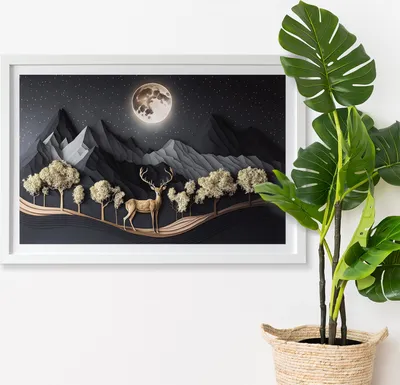 Produktbild von Moosbild mit Konserviertem Moos 3D Wandbild - 60x40 cm - Weißer MDF-Rahmen - Hirsch bei Vollmond