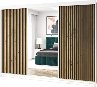 Produktbild von Schwebetürenschrank, 3-türig Schrank mit 4 Schubladen, und Spiegel 3D-Lamellen Premum! Moderne Garderobe für Kleidung. Verschiedene Farben (Weiß, Schwarz, Somona) Kleiderschrank FURI 200 cm