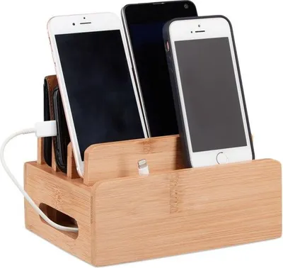 Obrázek produktu pro Bambusová nabíjecí stanice, stojánek na telefon pro 6 zařízení, dřevěný box na uložení kabelu, 9x17x13cm, přírodní