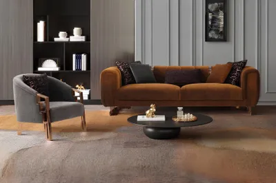 Produktbild von Couchgarnitur Dreisitzer Sessel Braun Stoffsofa Set Komplette Sofa