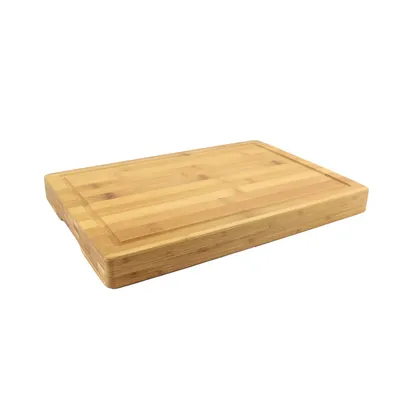 Zdjęcie produktu dla Bambusowa deska do krojenia z rowkiem na sok - 39 x 28 x 4 cm - Zrównoważona drewniana deska do krojenia warzyw, owoców i mięsa - Jasnobrązowa