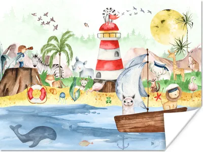 Produktbild von MuchoWow® Poster Strand - Tiere - Kinder - Leuchtturm - Jungen 120x90 cm - Wandbild