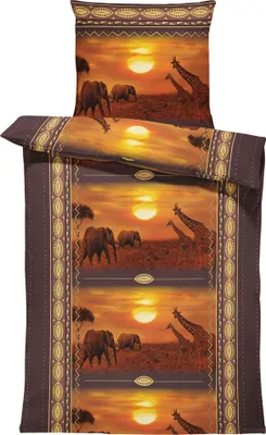 Produktbild von 4 teilig Bettwäsche 135x200 cm Afrika Safari Elefanten Giraffen braun Microfaser