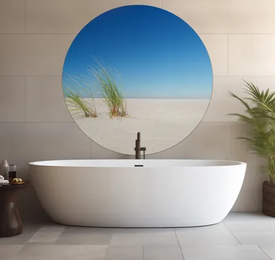 Produktbild von Wallario wasserfestes Poster selbstklebend 120 x 120 cm, Sandstrand unter blauem Himmel, Badezimmerposter Spritzschutz mit Hochglanzoberfläche in Glasoptik