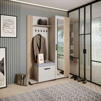 Produktbild von Garderobenschrank LIVIA – Garderoben-Set mit Spiegel und Aufhängern, Kaschmir, Lamellen in Eiche Artisan, Sitzkissen in Grau, Links