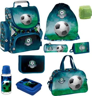 Produktbild von Fußball Schulranzen Set 1. Klasse für Jungen und Mädchen 9-teilig mit Dose, Flasche und Sporttasche