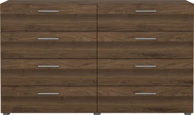 A front view of a wooden dresser with eight drawers.