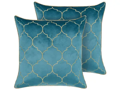 Produktbild von BELIANI Dekokissen 2er Set Blau und Gold Samtbezug mit Füllung Marokkanisches Muster 45 x 45 cm Wohnzimmer Salon Schlafzimmer Modern