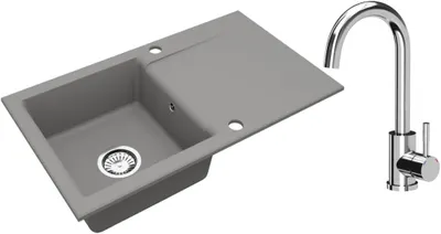 Produktbild von VBChome Granitspüle 76 x 44 cm Grau mit Armatur Einzelbecken Einbauspüle Reversibel Gesprenkelt Pflegeleichtes Spülbecken mit Siphon