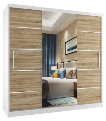 Produktbild von BELINI Verona MT Schiebetürenschrank 200 cm Weiß/Sonoma Eiche Matt - Kleiderschrank mit Spiegel & 4 Schubladen, Schlafzimmer