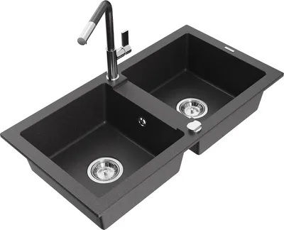 Produktbild von Mexen Mario 2-Becken-Granitspüle mit Mischbatterie Flora, Schwarz gesprenkelt - 6504-76-670401-08