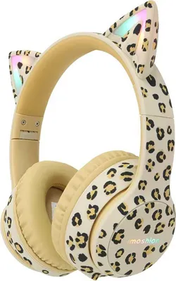 A close-up studio shot of leopard-print headphones with cat ears.