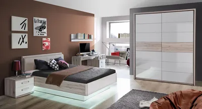 Image de Ensemble de chambre d'adolescent 4 pièces, entièrement en chêne sable / blanc brillant