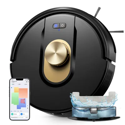 A black and gold robot vacuum cleaner is shown from a slightly elevated front-left angle, with a smartphone displaying a floor map and a water tank with water in the foreground.