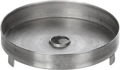 A metal tray with a central raised ring and three small legs.