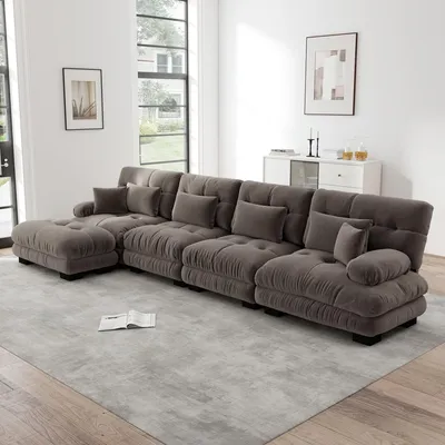 Produktbild von Chenille-Cloud-Sofa L-Form, modulares Schlafsofa mit Ottoman, 4-Sitzer, 406 x 145 x 81 cm, Braun
