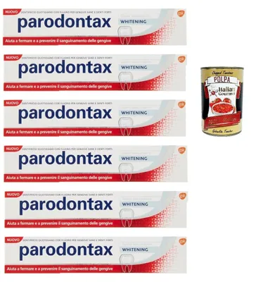 Produktbild von Parodontax Dentifricio Whitening, Zahnpasta für gesundes Zahnfleisch und starke Zähne, 6x 75ml + Italian Gourmet polpa 400g