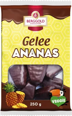 A bag of Berggold Gelee Ananas (pineapple jelly) coated in dark chocolate.