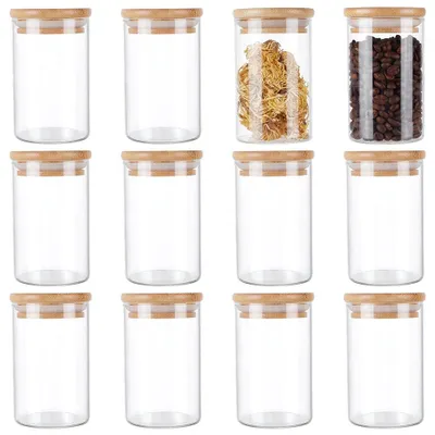 12 Glasflaschen mit Deckel, 250 ml, luftdicht, Bambusdeckel