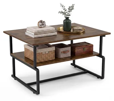 Produktbild von COSTWAY 2-stufiger Couchtisch, Wohnzimmertisch mit Metallgestell & Holzoptik, Sofatisch mit Stauraum, Kaffeetisch für Wohnzimmer, 85x60x47cm, Schwarz