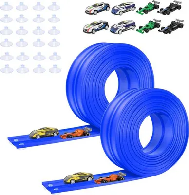 A product image showcasing a toy car race track set with cars and accessories.