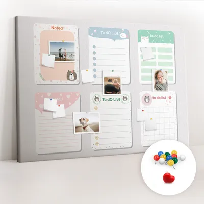 Imagen del producto de Tablero de corcho con chinchetas – Tablero con chinchetas para fotografías y notas – 140x100 cm – 100 chinchetas de colores – Notas adhesivas de colores