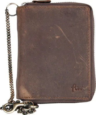 Image de Porte-monnaie zippé en cuir naturel solide avec chaîne FLW pour homme