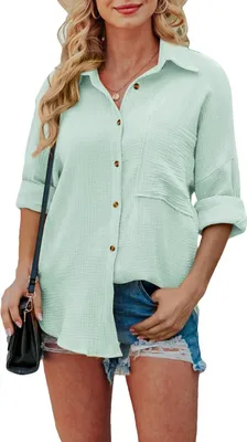 Produktbild von ASKSA Damen Bluse Knöpfe Langarm Oversize Hemden Tunika Revers Langarmshirt Oberteil, See Grün, XXL