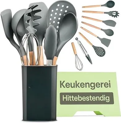 Produktbild von Famanu Küchengeräte Set Silikon Grau - 8-teiliges Set mit hitzebeständigem Holzgriff
