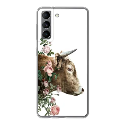 Produktbild von MuchoWow® Handyhülle Schutzhülle Hülle für Samsung Galaxy S21 Schottischer Highlander - Kuh - Blumen Silikon Softcase Handy Hülle - Softcase
