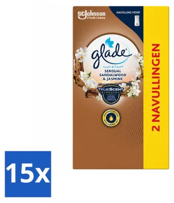 Imagen del producto de 15 unidades de recambio Glade Touch & Fresh, aroma Sandalo Sensual y Jazmín, 10 ml cada uno. Paquete económico