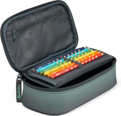An open pencil case with colored pencils arranged inside.