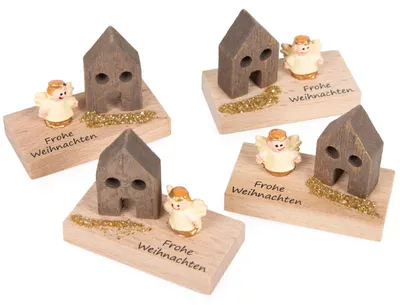 Produktbild von 4 Frohe Weihnachten Geschenke aus Holz mit Engel 5 cm Gastgeschenk