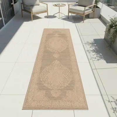 Immagine prodotto di Tappeto beige con motivo vintage, adatto sia per interni che per esterni. Dimensioni: 80 x 250 cm