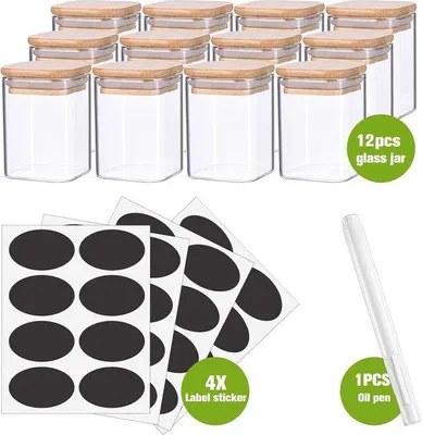 Productafbeelding van Set van 12 glazen containers - Vierkant - Met bamboe deksels - Voorraadpotten - Kruidenpotten - 175 ml - Inclusief etiketten en krijtstift
