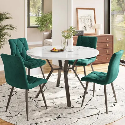 Produktbild von Sweiko Esstisch- und Stuhlset (5-teilig), modernes, schlichtes rundes Esstisch- und Stuhlset aus Marmor, Tischbeine aus schwarzem Metall + 4 ergonomische Stühle aus grünem Wildleder