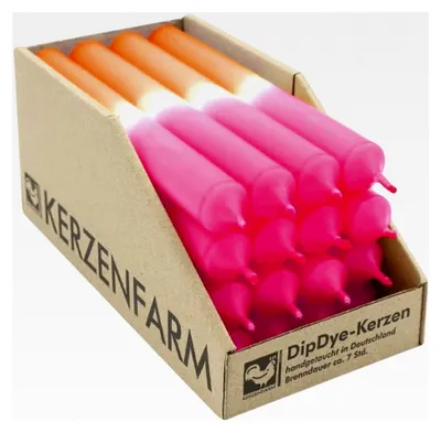 Produktbild von DIP DYE Stabkerzen aus Paraffin, 180/22 mm, Neonorange-Pink, HAHN, Brenndauer ca. 7 h, 16 Stück pro Verpackung