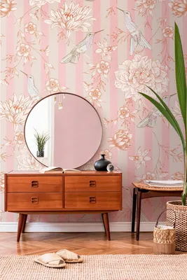 Produktbild von NEWROOM Tapete Rosa Vliestapete Blumen - Wandbild Modern Beige Orange Streifen Vögel Tapete Floral Blumentapete