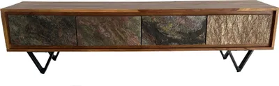 Lowboard Sheesham 160cm mit Steinoptik-Fronten, vier Schubladen und schwarzem Metallgestell, Gesamtansicht.