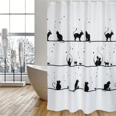 Produktbild von MSV Premium Anti-Schimmel Textil Duschvorhang - Anti-Bakteriell, waschbar, 100% wasserdicht - Polyester, „Katze“ 180x200cm –  Spain