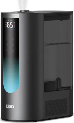 A dark gray humidifier with a digital display and a blue light strip.