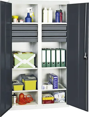 Image de Stumpf Armoire à outils et matériel série 3000 gris clair / gris anthracite + 6 tiroirs 100 mm + cloison centrale + 6 tablettes coulissantes - 3004271