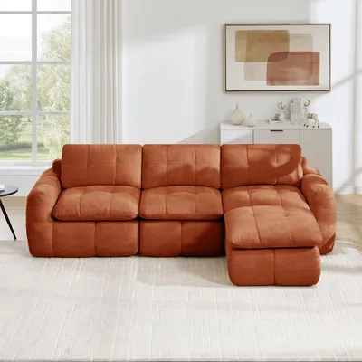 Productafbeelding van Driezitsbank in L-vorm, modulair, met chenille bekleding, vulling van 32D-schuim, inclusief voetenbank, eenvoudig te monteren (bruin)