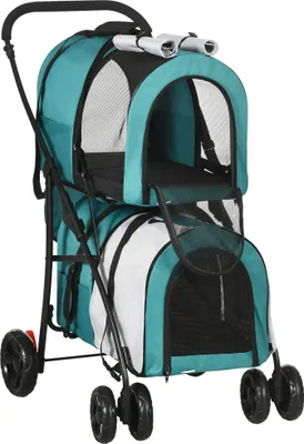 Produktbild von PawHut Doppel-Kinderwagen für Hunde und Katzen, faltbarer Haustier-Kinderwagen mit 2 abnehmbaren Trägern, Sicherheitsgurt, Seitentaschen und 2 Kissen, 66 x 50 x 98 cm, Grün und Grau